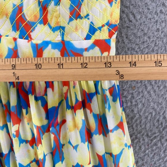 Badgley Mischka Dress Womens 8 Yellow Blue Multi Floral Ombre Maxi Flowy Ruched* - Picture 9 of 12